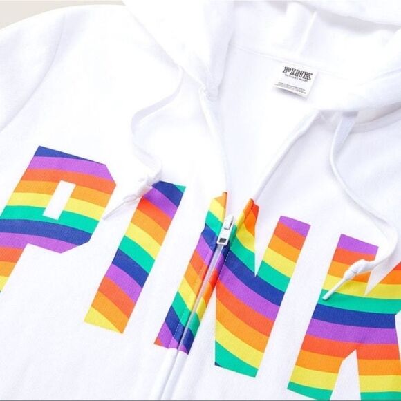 Victorias Secret Pink SET Perfect Hoodie Full Zip & Campus Pants Rainbow Logo XL - Picture 9 of 10